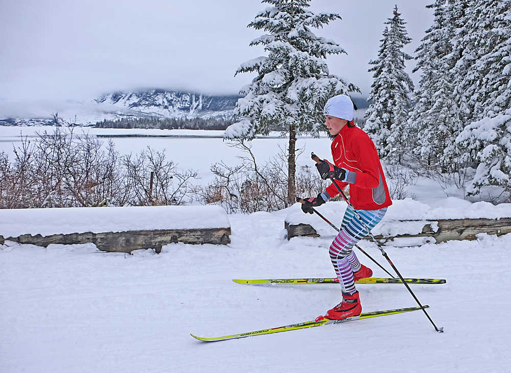 Mariana Bell glides over a bridge during the 2.75K Skate Sprint portion of the Juneau Nordic Ski Team's Last Minute Pursuit race at the Mendenhall Glacier Campground last season. The team is currently in dry-land training and seeking more athletes.