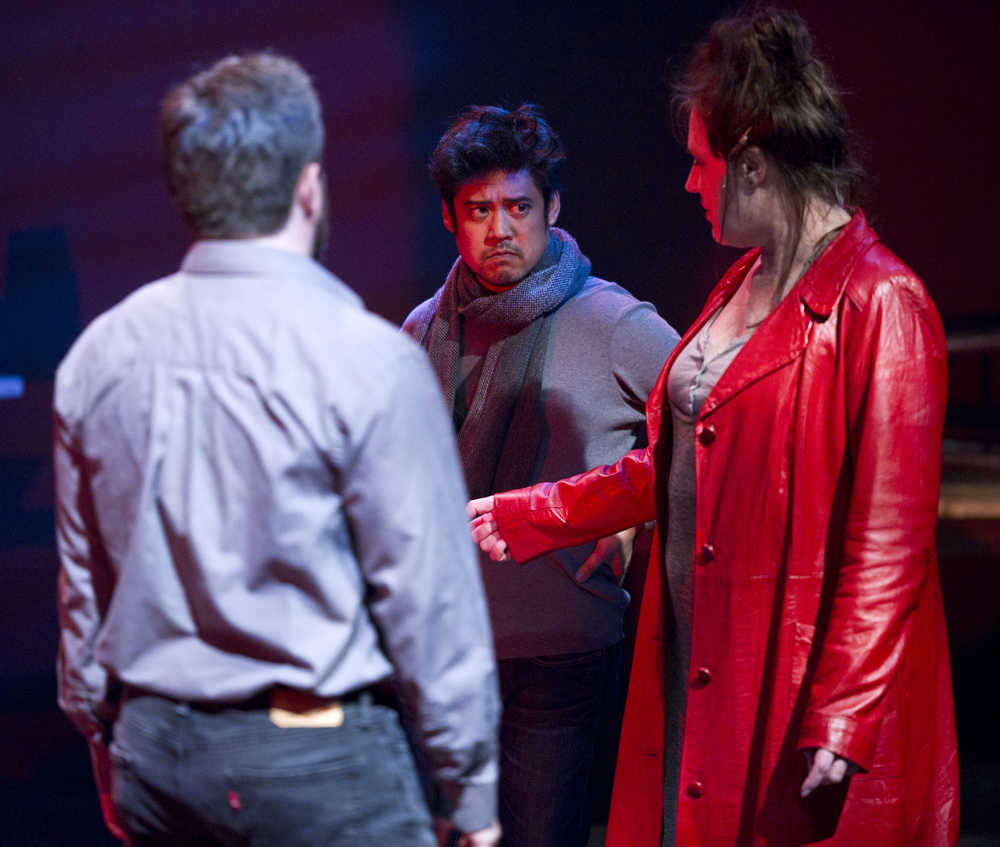 Director Flordelino Lagundino, center, works with actors Tommy Schoffler and Victoria Bundonis during a rehearsal of Perseverance Theatre's musical production of "Sweeney Todd: the Demon Barber of Fleet Street."