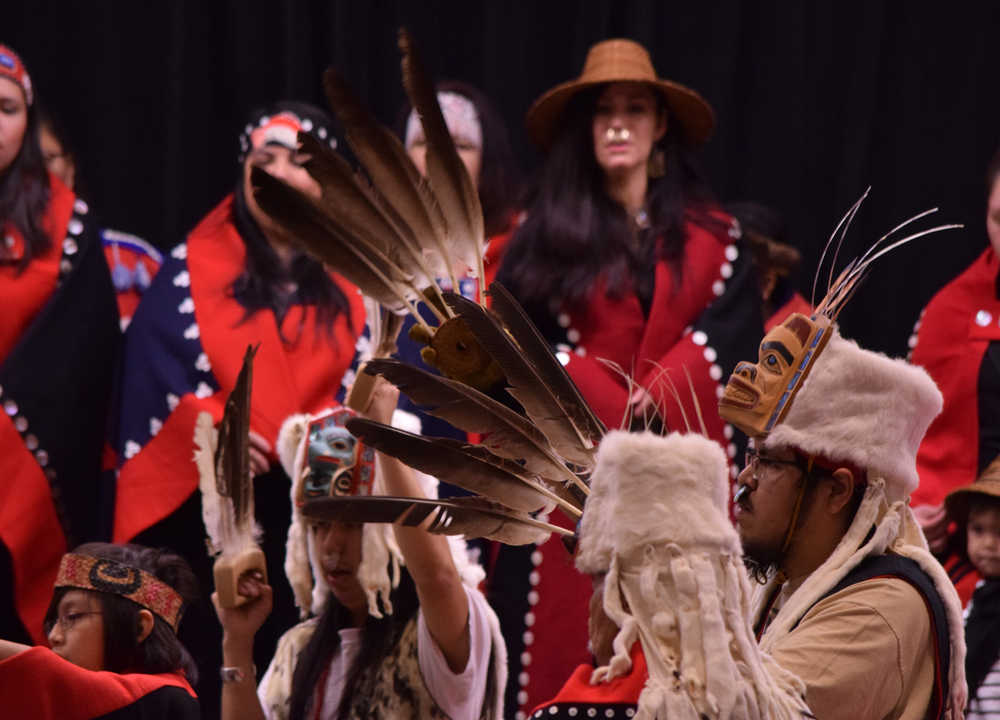 Dancers perform during a ceremony thanking veterans on Veterans Day, Wednesday, Nov. 11, 2015 at the Tlingit and Haida Central Council's Elizabeth Peratrovich Hall.