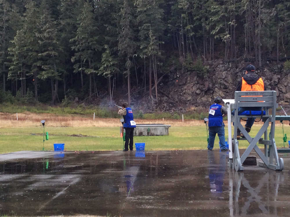 A shooter lines up on a clay target at the first annual fall Juneau Trap Team Invitational Shoot, which happened Nov. 7.