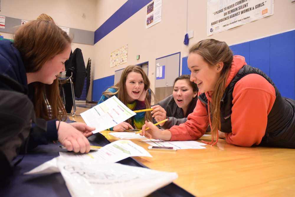 Study group meets budget group: Thunder Mountain High School seniors (from right to left) Carlie Kollar, Taylor Beardslee, Taya Jensen and Alice Johnson try to calculate their yearly spending. The seniors took part in the "Get Real Financial Reality Fair" Thursday at TMHS where students were given pretend salaries based on jobs such as registered nurse or paralegal. Volunteers from the community then sold them insurance and cable packages, just like in the real world. The event was organized by the Financial Reality Foundation and sponsored by True North Federal Credit Union. After the real world simulation, four participants walked away with scholarships totaling $500 in a random drawing.