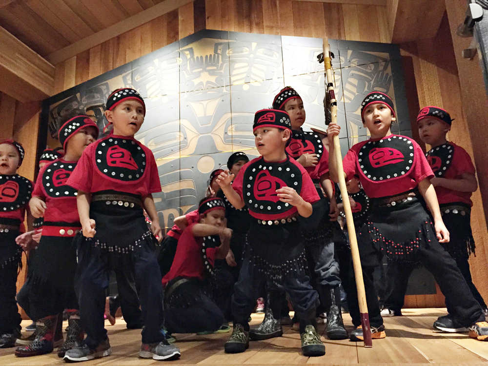 Dancers in Harborview's kindergarten through 5th grade TCLL (Tlingit Culture, Language and Literacy Program) perform at the Walter Soboleff Building at a retrospective in honor of Dr. Walter Soboleff. Walter Soboleff Day was Nov. 14, his birthday.
