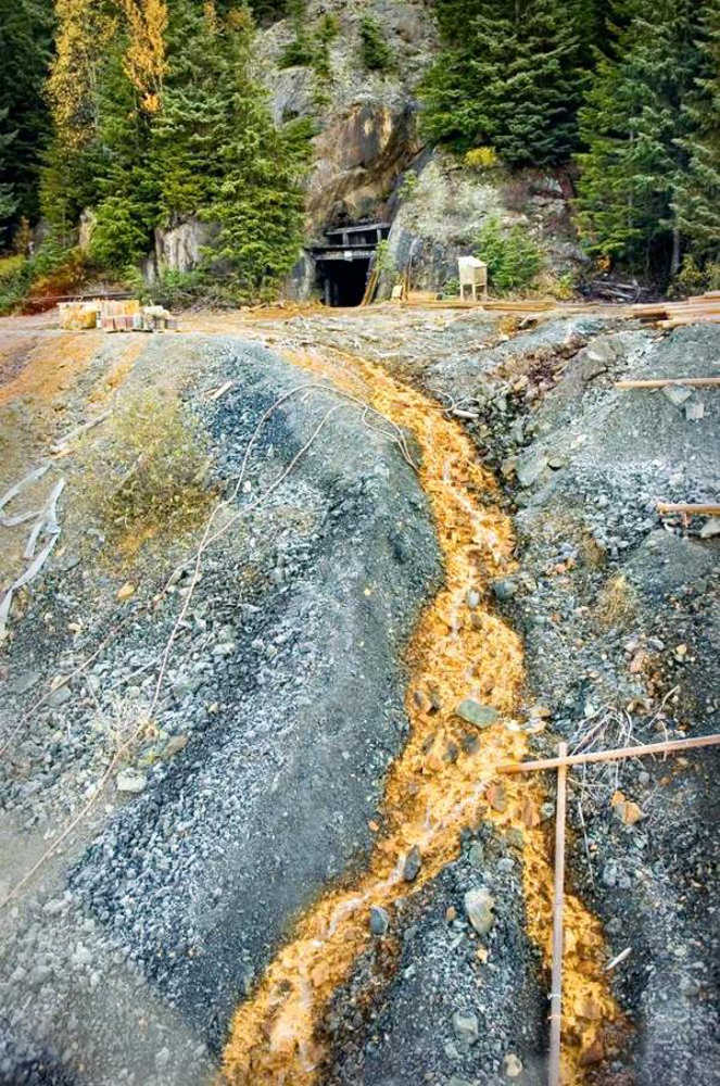 Water, contaminated with acid, runs from the entrance of the Tulsequah Chief Mine in Canada in a picture taken in Oct. 2008.