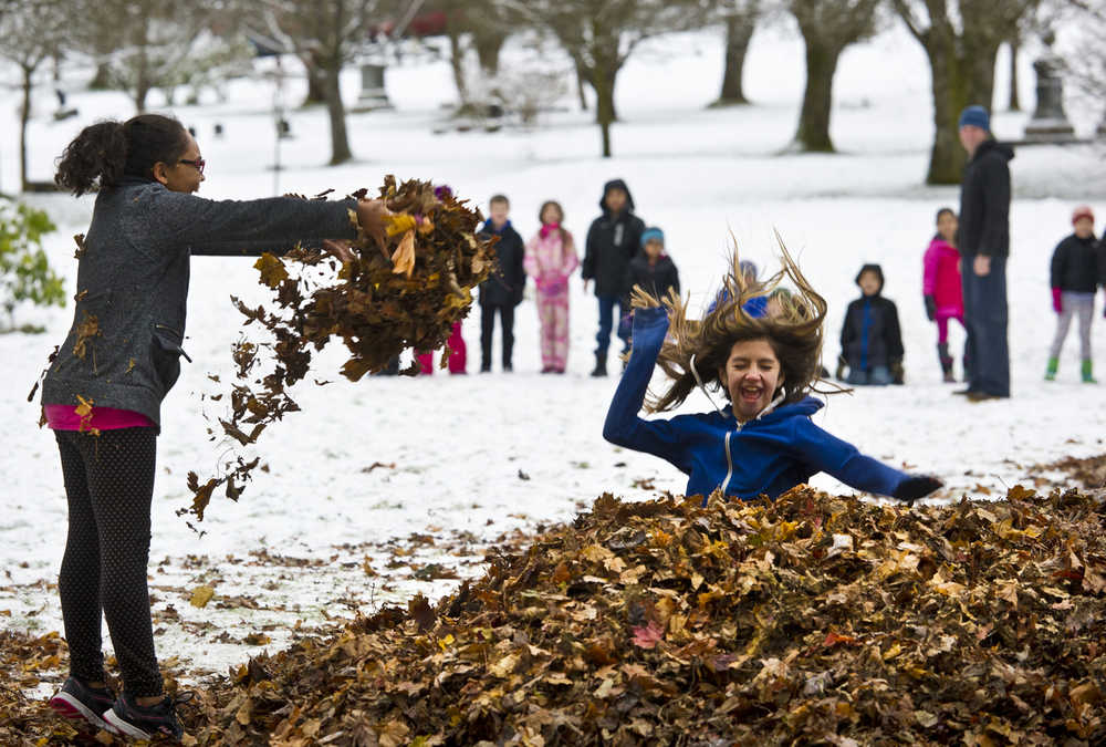 Fourth-grader Remi Starks, left, tosses an armful of leaves as fifth-grader Kayla Woodbury takes her turn jumping into a pile of dried leaves at Evergreen Cemetery on Tuesday.