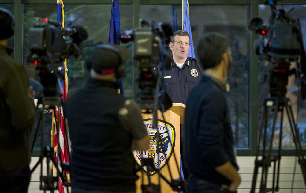 Juneau Police Chief Bryce Johnson speaks to reporters about the cause of death of Mayor Stephen "Greg" Fisk during a press conference at the Juneau Police Station on Wednesday. Local, state and national reporters were on hand for the report that Fisk died of natural causes.
