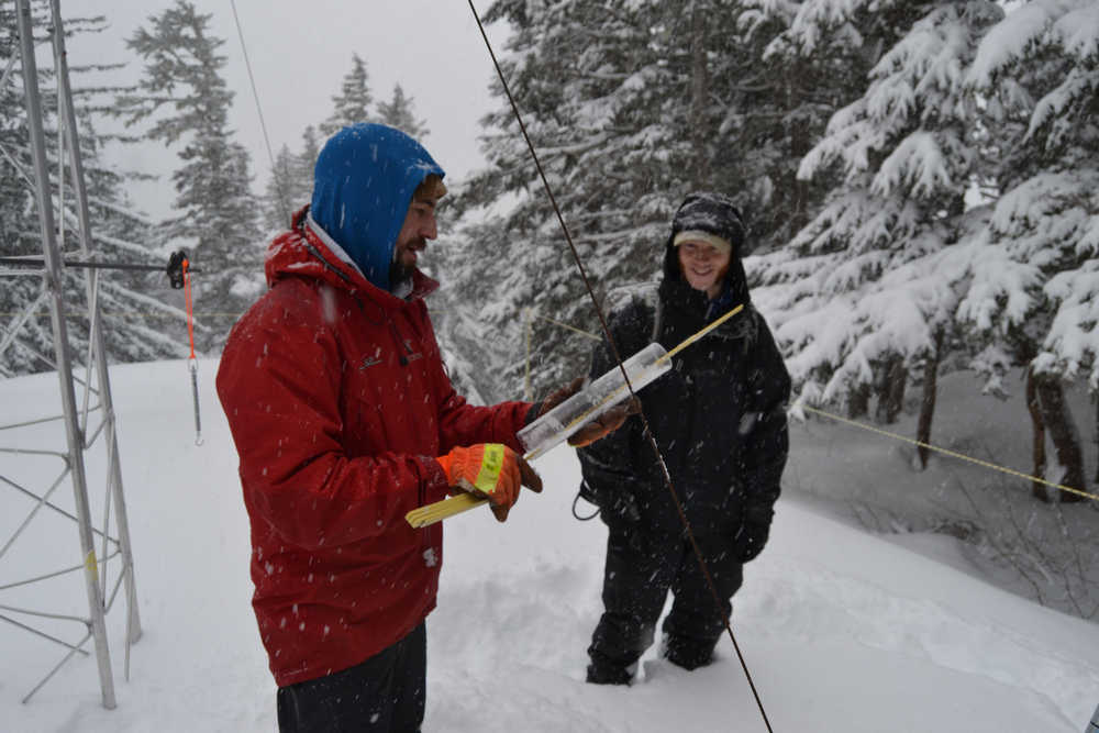 Snow experts Mike Janes and Ed Shanley assess conditions on Mount Roberts.