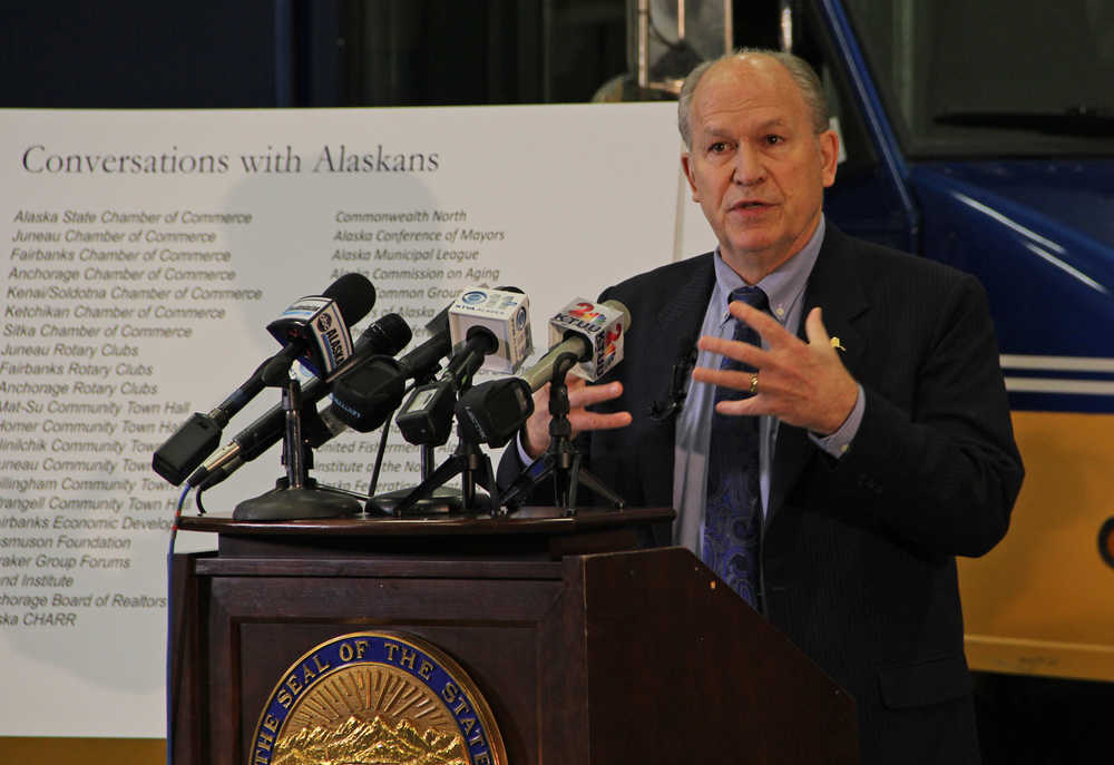 Gov. Bill Walker presents his fiscal year 2017 fiscal plan on Wednesday, Dec. 9, 2015 in Anchorage.