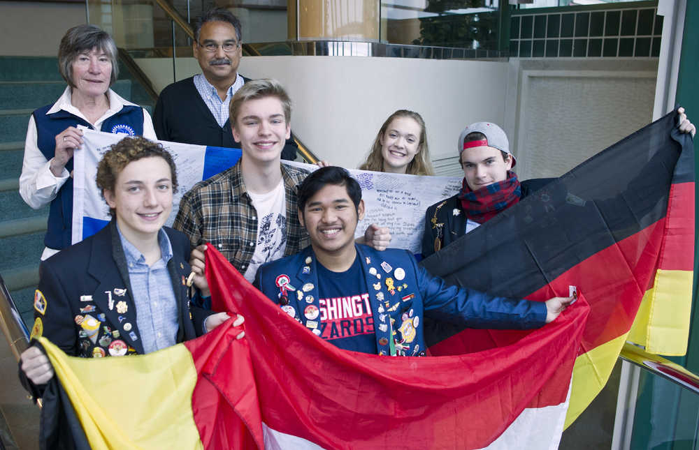 Virginia Stonkus, Youth Exchange Officer for the Juneau Rotary Club, and Dan Dawson, Youth Exchange Officer for the Glacier Rotary Club, pose with students Marcellin Niset, left, of Belgium, Will Blanc, of Juneau, Rifqi Zulfahm, of Indonesia, Rebecka Miller, of Juneau, and Florian Tanzyna, right, of Germany.