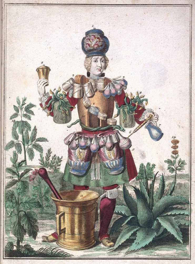 An apothecary with the tools, costume and apparatus of his trade, from an 18th century engraving by Martin Engelbrecht.