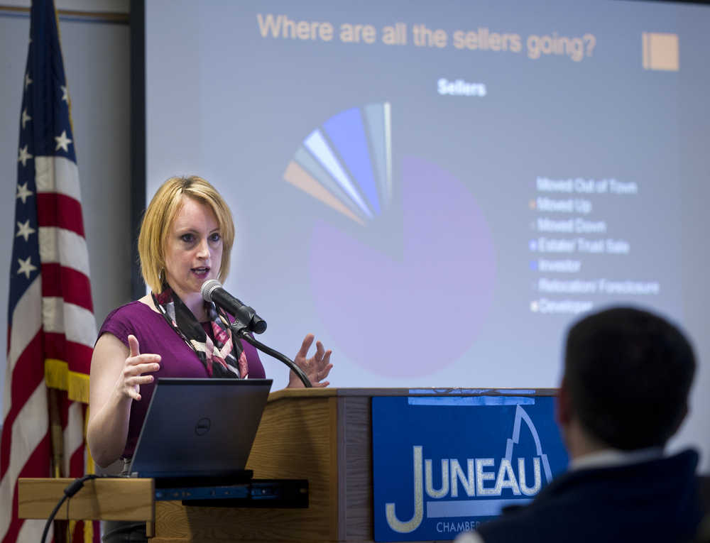 Susan FitzGerald, a real estate broker for Best Rate Realty, talks about Juneau's real estate market at the Juneau Chamber of Commerce during a luncheon at the Juneau International Airport on Thursday.