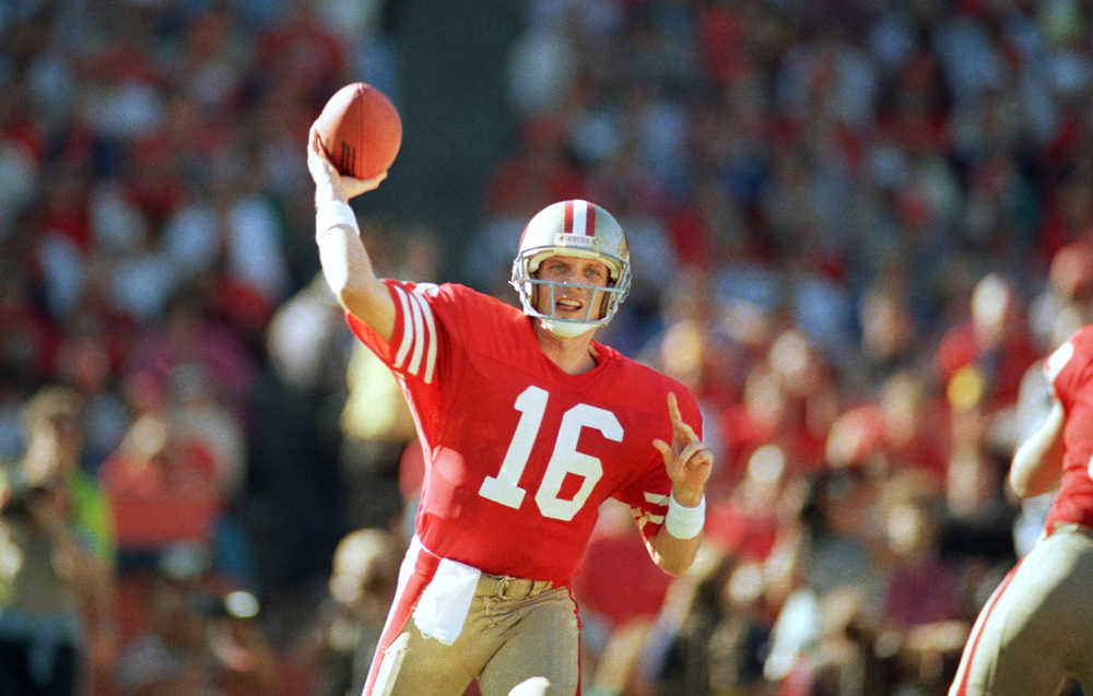 FILE - In this Sunday, Nov. 9, 1986, file photo, San Francisco 49ers quarterback Joe Montana passes during the first quarter against the St. Louis Cardinals at Candlestick Park in San Francisco. Montana was selected to the Super Bowl 50 Golden Team, Thursday, Jan. 28, 2016.  (AP Photo/Paul Sakuma, File)