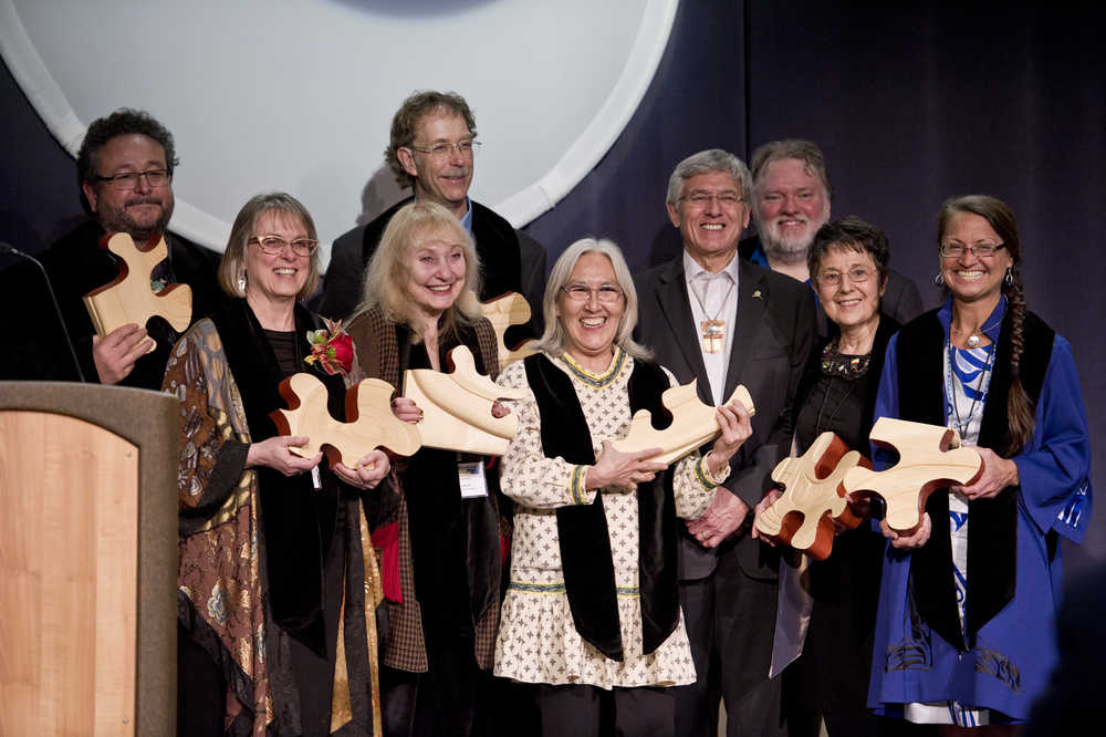 The winners of the 2016 Governor's Awards for the Arts & Hunanities pose with Lt. Gov. Byron Mallott at the Juneau Arts & Culture Center in Juneau on Jan. 28, 2016. From left: Patrick Garley, Nancy DeCherney, Sandy Harper, Marc Swanson, Lucy Ahvaiyak Richards, Lt. Gov. Byron Mallott, Steve Henrikson, June Rogers and Vicki Soboleff.