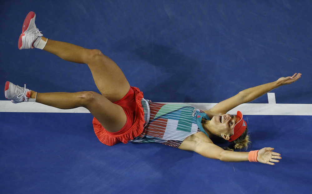 Angelique Kerber of Germany celebrates after defeating Serena Williams in the women's singles final at the Australian Open tennis championships in Melbourne on Saturday.