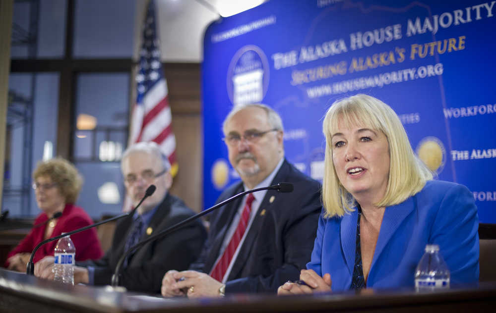 Rep. Cathy Muñoz, R-Juneau, right, speaks during a House Majority press conference at the Capitol on Thursday. Also attending are Rep. Craig Johnson, R-Anchorage, Rep. Bob Herron, D-Bethel, and Rep. Gabrielle LeDoux, R-Anchorage.