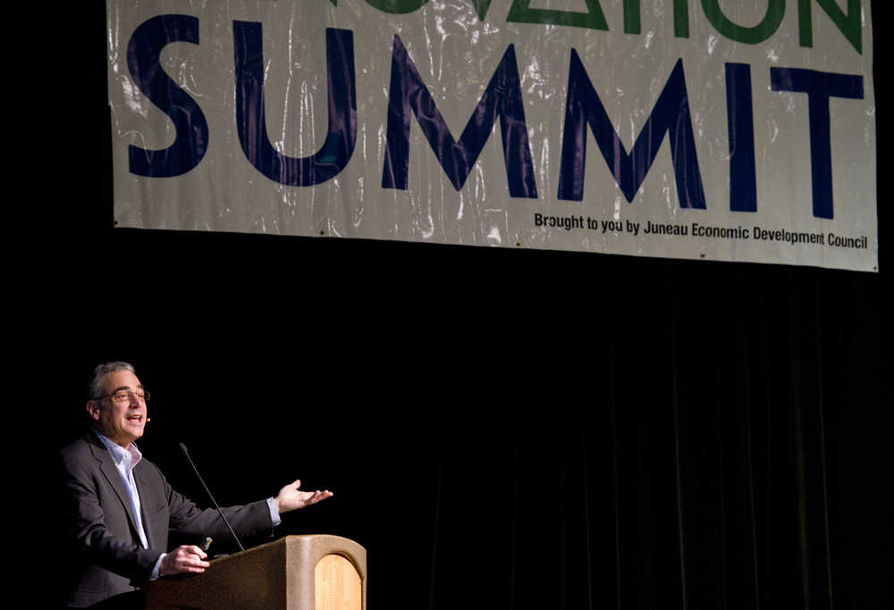 Dr. Michael Shuman delivers his keynote speech during the Juneau Economic Development Council's Innovation Summit at Centennial Hall on Monday. Shuman, an economist, attorney, author and entrepreneur, is considered a globally-recognized expert of community economics.