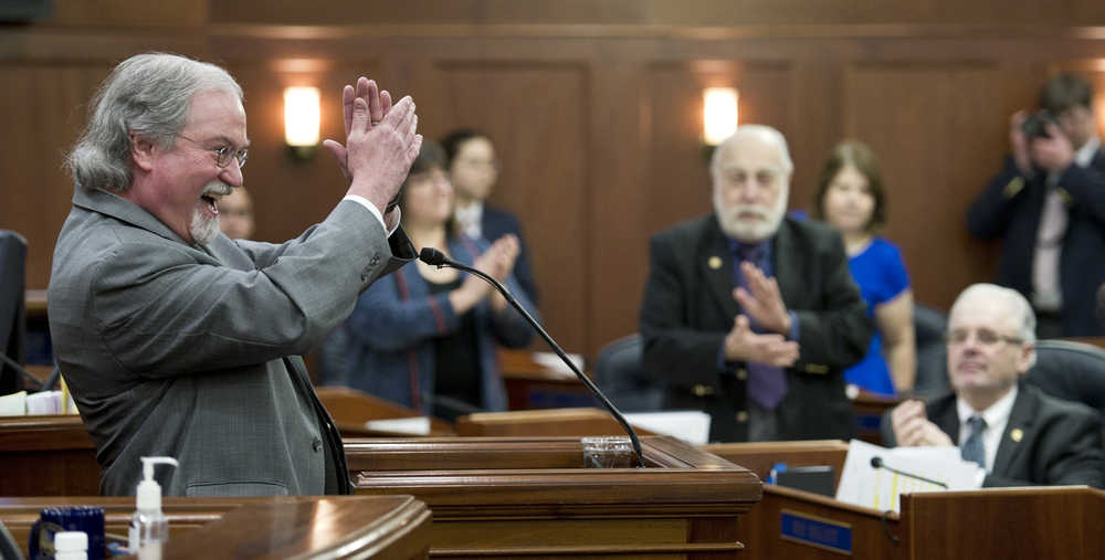 Craig Stowers, Chief Justice of the Alaska Supreme Court, reacts to introducing his wife, Monique, during his State of the Judiciary speech to a Joint Session of the Alaska Legislature at the Capitol on Wednesday.