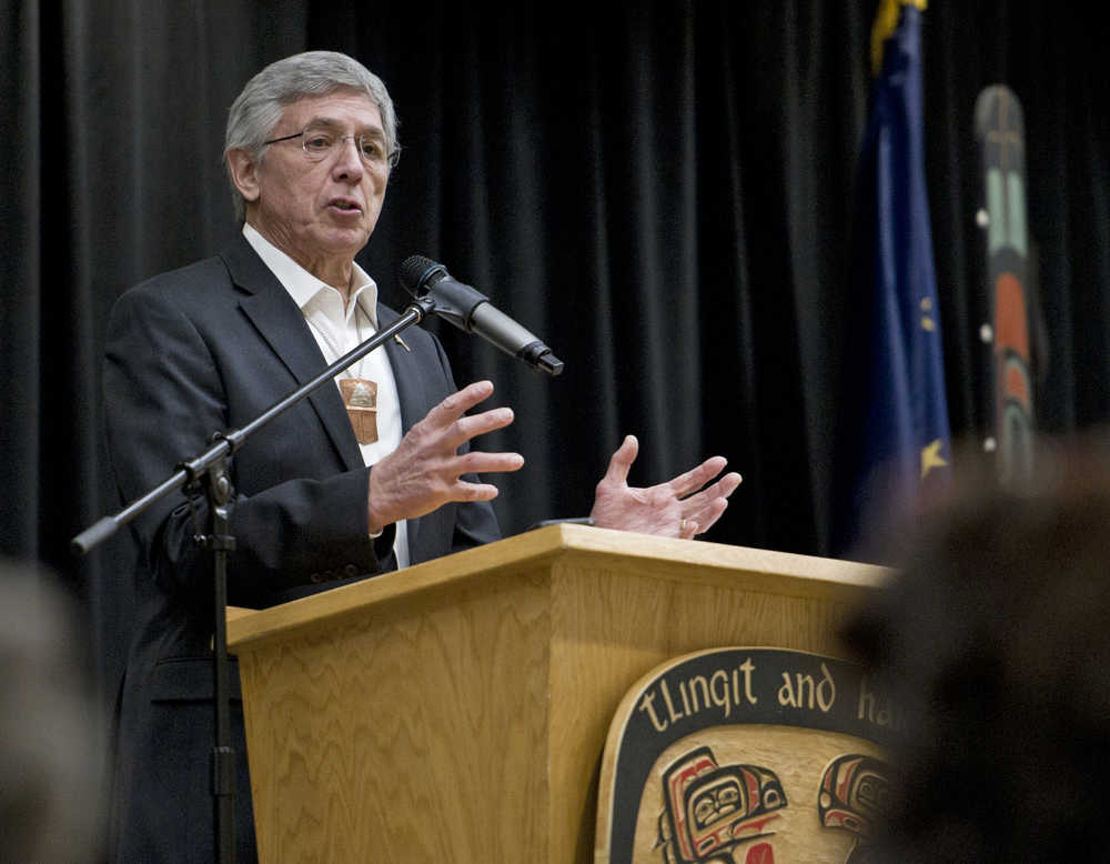 Lt. Gov. Byron Mallott speaks at the Native Issues Forum sponsored by the Central Council of the Tlingit and Haida Indian Tribes of Alaska at the Elizabeth Peratrovich Hall on Wednesday.