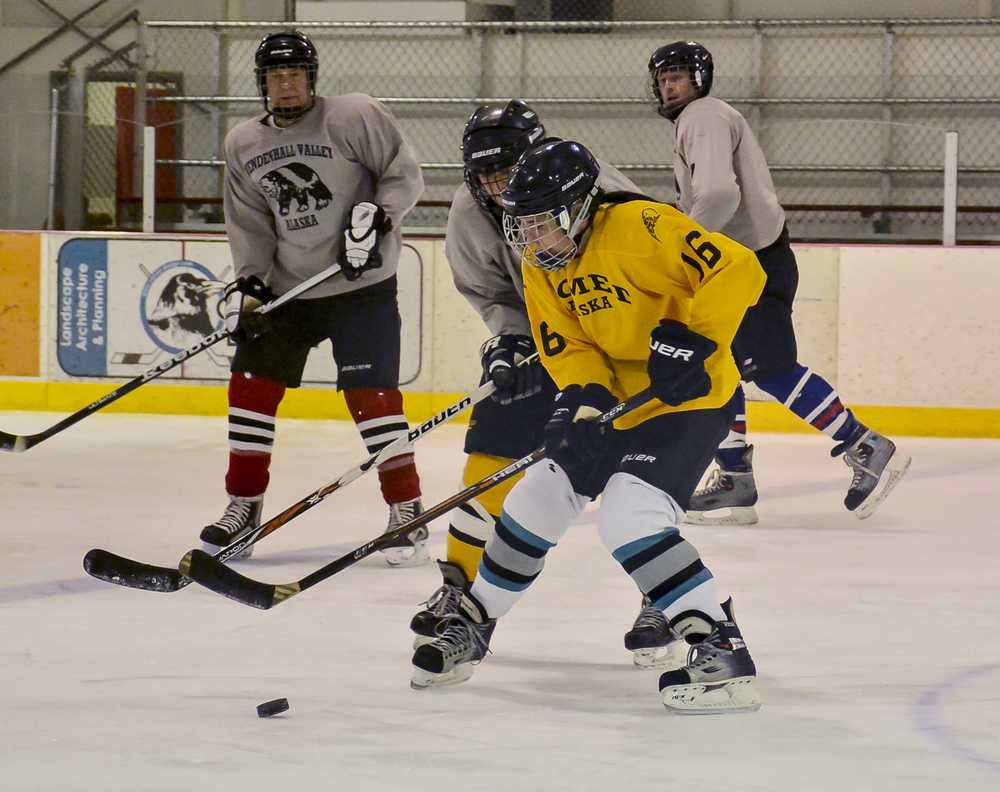 Carol Baker, 16,  controls the puck for the JAHA Comets during hockey action Monday night against the Mendenhall Valley team. Gail Blundell is shown challenging Baker, as Spike Bicknell, right, and James McDermott look on. The game ended in a tie, 1-1 . In earlier action, White Pass defeated the Shamrocks 2-1 on two goals by Jesse Post.