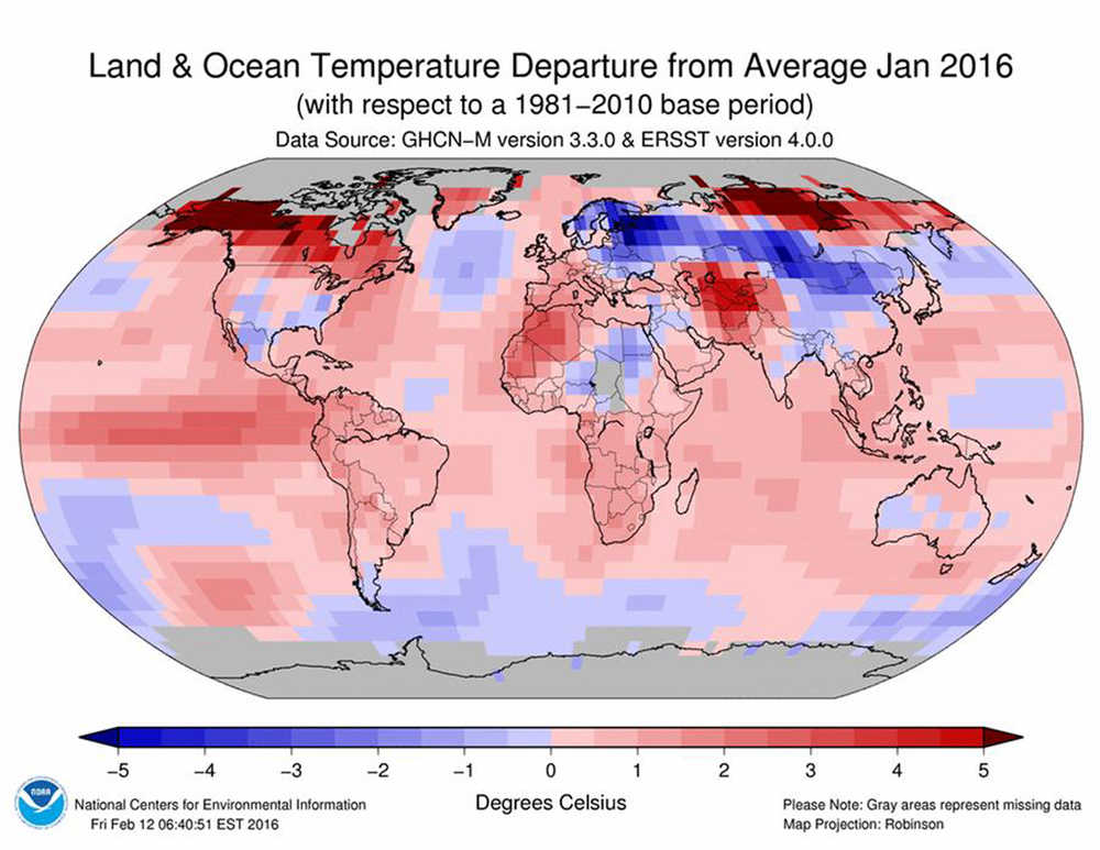 This image shows a map worldwide temperatures for the month of January 2016. Earth's string of hottest months on record extends to nine straight with last month notching the hottest January. But NASA said January was even more unusual, breaking the record for having the most above normal temperature for any month.