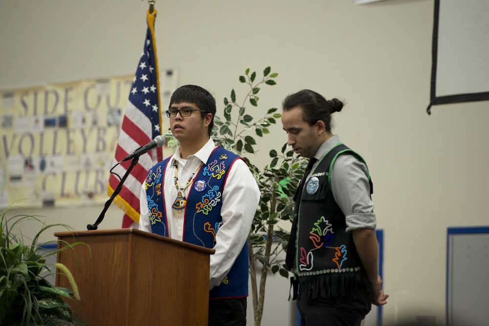 Paul Marks, left, and Mike Hoyt speak to a group of students at Thunder Mountain High School Thursday during an event that honored Alaska Native civil rights leader Elizabeth Peratrovich. The event featured guest speakers from Lt. Gov. Byron Mallott and Alaska Native storyteller and poet Ishmael Hope, and others who spoke about Peratrovich's life, the lasting importance of her efforts, and the political and legal implications of the Anti-Discrimination Act, which Peratrovich was instrumental in passing.