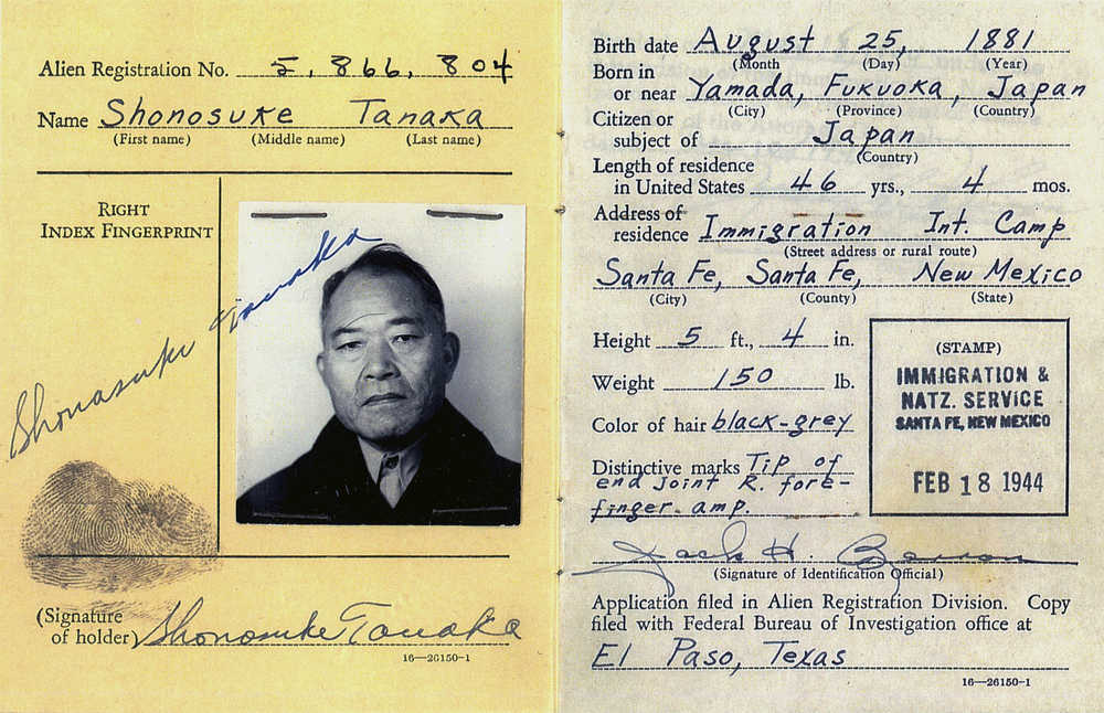 This Feb. 18, 1944 image shows the World War II alien registration card for Shonosuke Tanaka, who was among scores of people of Japanese ancestry who were held in captivity during the war. His daughters Alice Tanaka Hikido and Mary Tanaka Abo, who also were interned during the war, participated in a Feb. 19 ceremony at Joint Base Elmendorf-Richardson held to remember the forced incarceration of more than 200 Alaskans, as well unveil the results of a study about a little-known Japanese internment camp that was erected there during World War II.