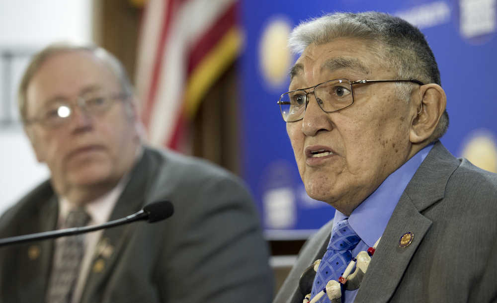 Rep. Benjamin Nageak, D-Barrow, speaks about the fatal police shooting that killed his nephew, Vincent Nageak III, in Barrow earlier this year during a House Majority Caucas press conference at the Capitol on Thursday. Speaker of the House Mike Chenault, R-Nikiski, left, listens.
