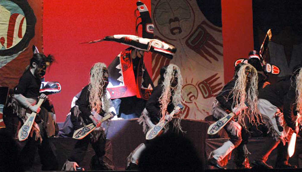 This photo provided to the Empire by Kaye Peters shows Tlingit paddles in action during the Glacier Valley Elementary School's 2008 production of "Tides and the Tempest." The paddles and other artwork were reported missing from the school's library Jan. 17 and police announced Friday they have been recovered.