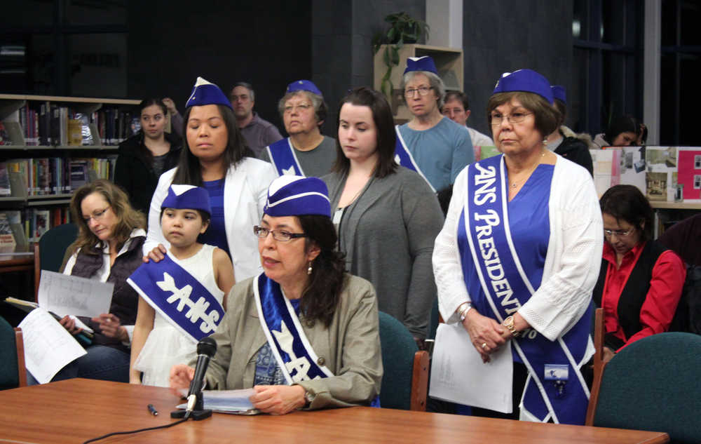 Freda Westman, representing the Alaska Native Sisterhood, spoke in support of making the Tlingit Culture, Language & Literacy program an essential budget item during Tuesday night's Juneau School Board meeting.
