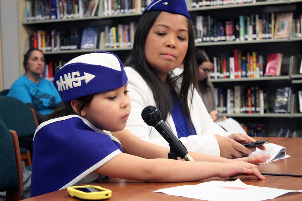 Eight-year-old Kaija Guthrie is a student of the Tlingit Culture, Language & Literacy program. She testified with her mother, Melanie Rodriguez, at Tuesday night's Juneau School Board meeting.