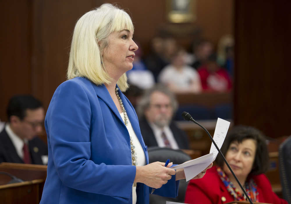 Rep. Cathy Muñoz, R-Juneau, speaks against an amendment to the state operating budget on Thursday. The amendment, one of many offered by Rep. Lora Reinbold, R-Eagle River, was to cut 10 percent of the pay of the top-paided 100 employees working for the Alaska Department of Environmental Conservation.