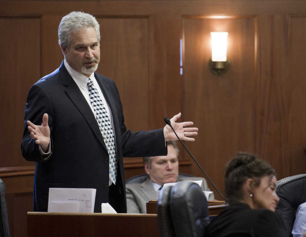 Sen. Pete Kelly, R-Anchorage, argues in favor of passing the state's operating budget at the Capitol on Monday.