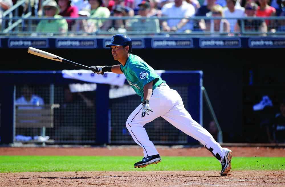 Seattle Mariners' Norichika Aoki watches his hit during a spring training baseball game against the San Francisco Giants on March 16 in Peoria, Arizona.