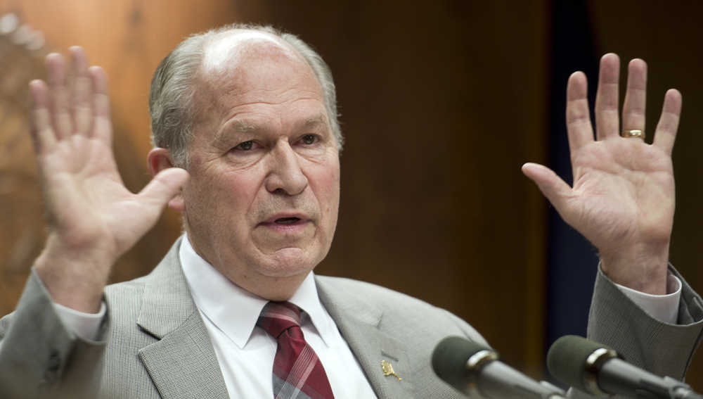 Gov. Bill Walker speaks about his government's Spring Revenue Forecast during a press conference at the Capitol on Monday.