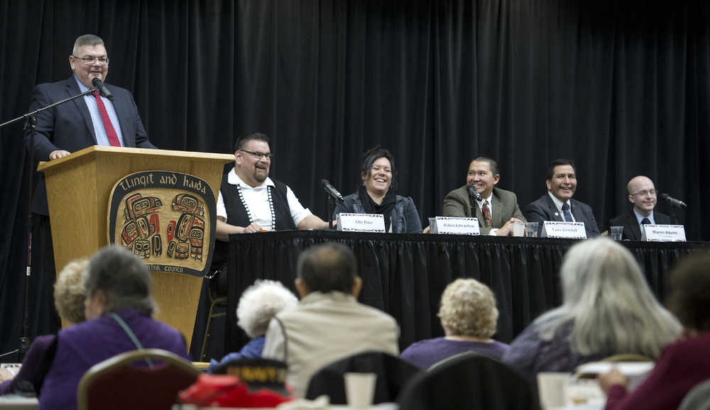 Robert Edwardson, left, speaks during the Native Issue Forum on the current state and future of Alaska Native languages at Elizabeth Peratrovich Hall on Wednesday. Other speakers are Alfie Price, second from left, Lance Twitchell, Marvin Adams and Rep. Jonathan Kreiss-Tomkins, D-Sitka, right. Kolene James, center, is the moderator.