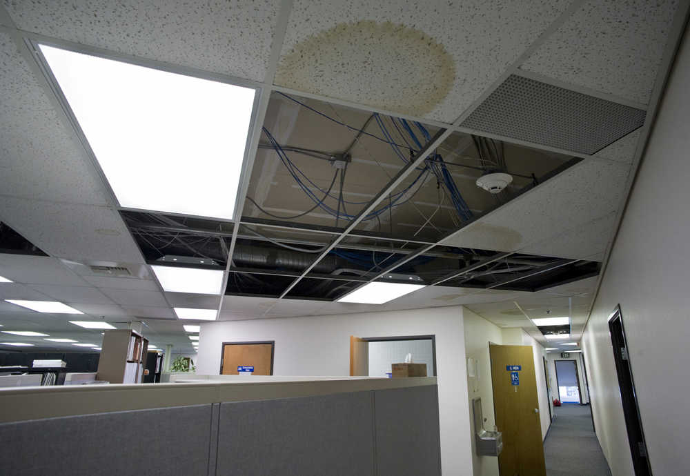 Water damage remains on the second-floor ceiling of the Department of Environmental Conservation building on Willoughby Avenue. An estimated 550 gallons of water flooded the area when the City and Borough of Juneau turned water back on after construction nearby paused the building's service. Jeff Rogers, the division operations manager, said it was a "miracle" no computers or other electronics were damaged. JUNEAU EMPIRE