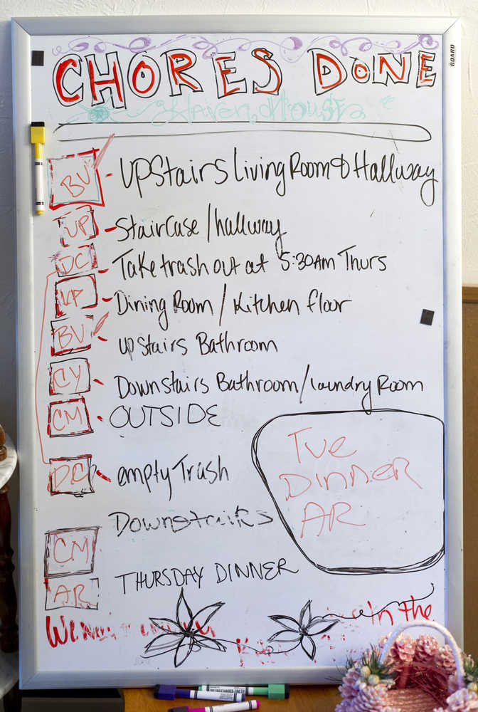 A white board keeps track of weekly chores for residents of Haven House. Haven House is celebrating its one-year anniversary as a transitional home for recently released female prisoners and women coming out of substance abuse or mental health treatment.