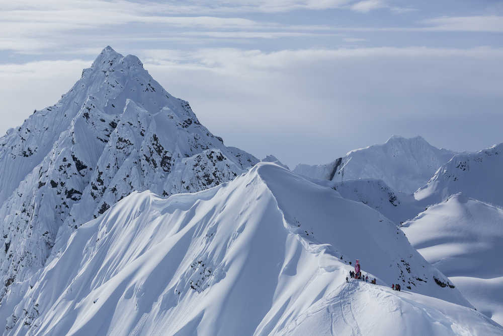 Competitors in the Freeride World Tour's stop in Haines gather at the top of a ridge at the end of March. Photo by Jeremy Bernard.