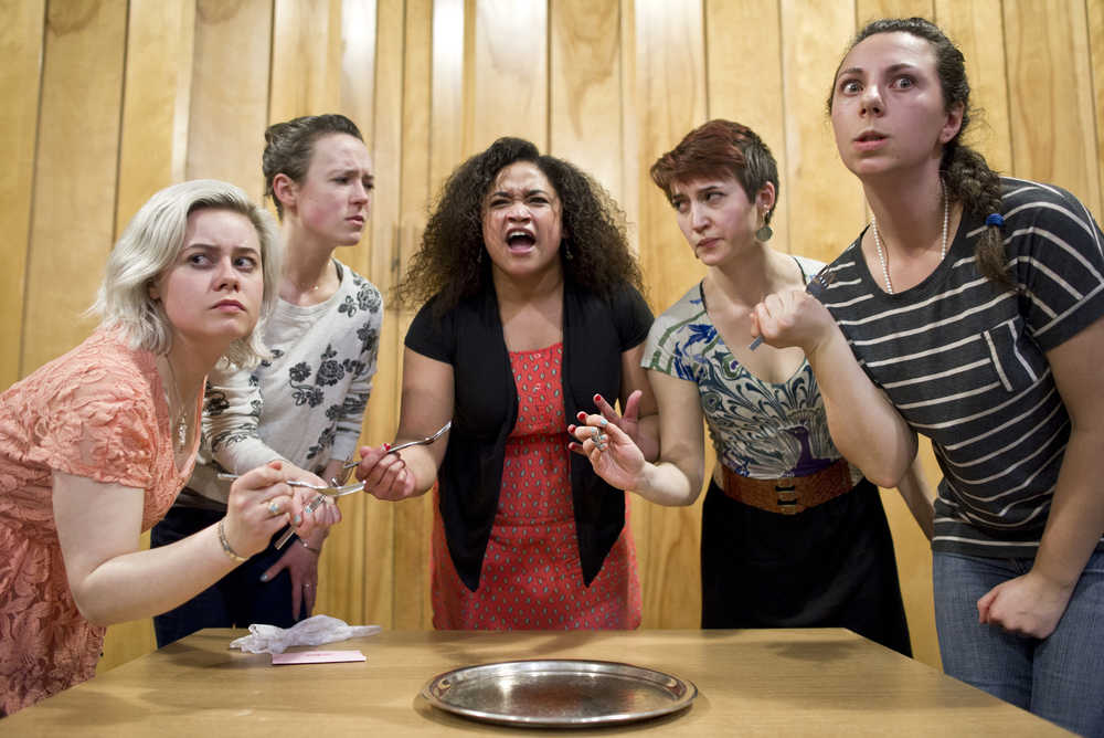 Izabella Powers, left, Cate Ross, Salissa Thole, Jackie Scholz and Ellie Sica, right, rehearse in Juneau Douglas Little Theatre's production of "5 Lesbians Eating a Quiche" at Northern Light United Church on Friday.