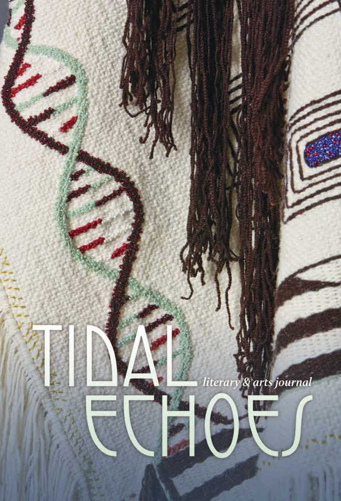The cover of this year's Tidal Echoes, a literary journal produced by students at the University of Alaska Southeast. Sitka master weaver Teri Rofkar is the featured artist. Pictured is part of her double helix robe, which highlights the special nature and DNA of Baranof Island goats. It's likely the first all mountain goat wool robe - and definitely the first all mountain goat Ravenstail robe - in more than 200 years, and is part of her "Tlingit Superman" series.