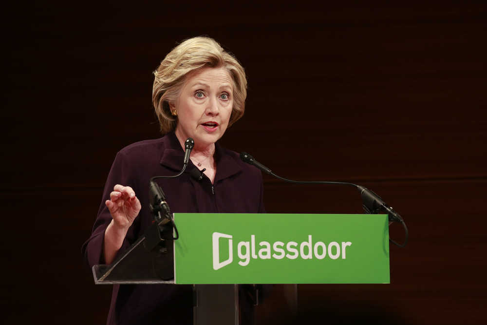 IMAGE DISTRIBUTED FOR GLASSDOOR - Former U.S. Secretary of State Hillary Clinton speaks at the Glassdoor Roundtable on Pay Equality, on Tuesday, April 12, 2016, at The Times Center in New York.  Glassdoor convened leaders and experts in a frank discussion about the reality of the gender pay gap to explore contributing causes and a range of solutions - from employer actions to education and training to government policies. (Mark Von Holden/AP Images for Glassdoor)
