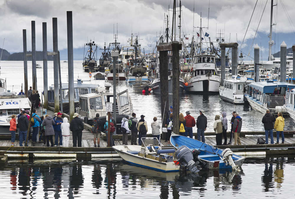 Don Statter Memorial Boat Harbor in Auke Bay in July 2015 as visitors wait to board whale watching vessels and fishing boats are double and triple parked along the floats. Juneau's Docks and Harbors Board is working to revise a portion of city code pertaining to a commercial fishing moorage discount.