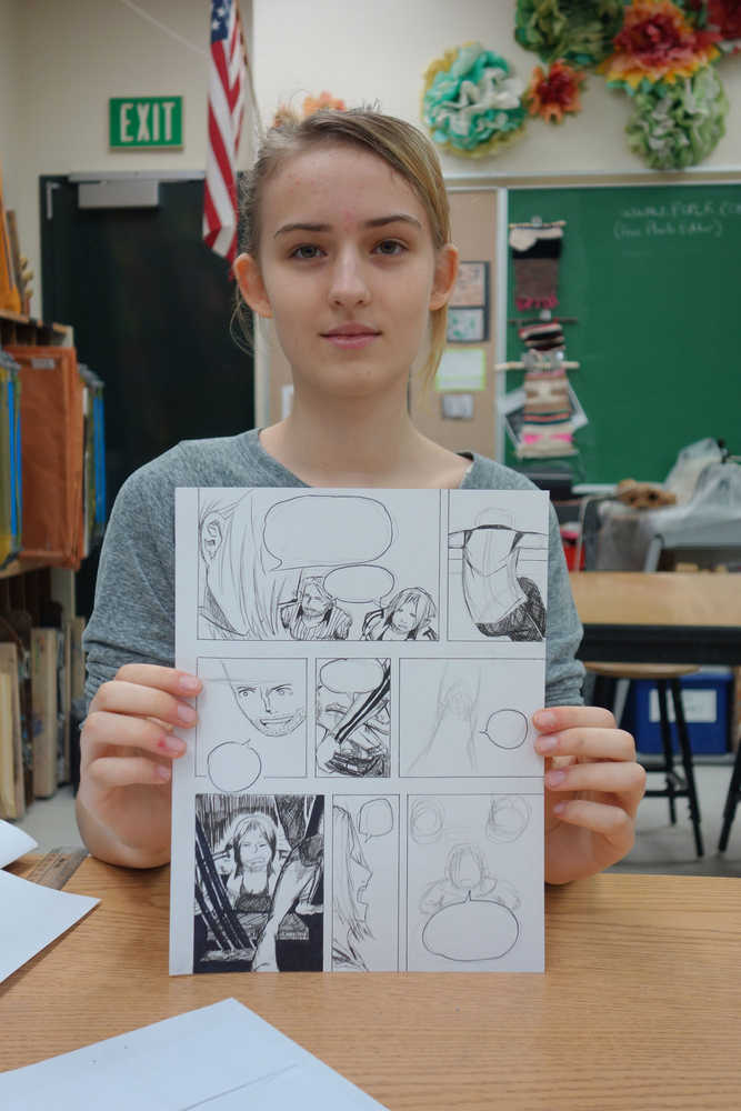 Seventh grader Claire Scott (a name she plans to publish under) shows a page from her graphic novel in progress. Scott has been going to drawing sessions at Alaska Robotics and is doing an independent study with art teacher Miah Lager this semester at Dzantik'i Heeni Middle School.