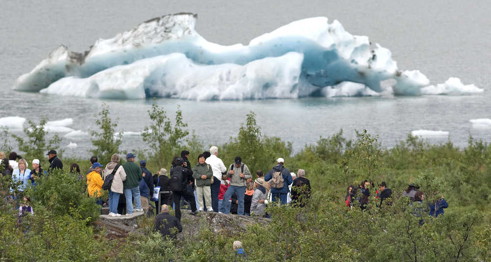 Visitors gather at Photo Point at the Mendenhall Glacier Visitor Center in August 2010.