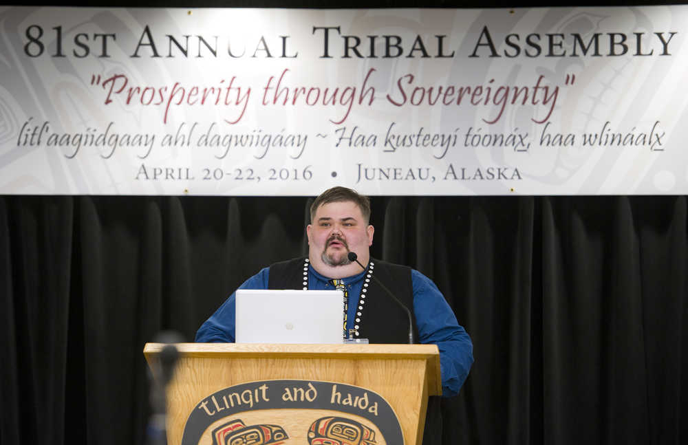 President Richard Peterson addresses delegates to the Central Council Tlingit and Haida Indian Tribes of Alaska during the 81st Annual Tribal Assembly in Elizabeth Peratrovich Hall on Wednesday.