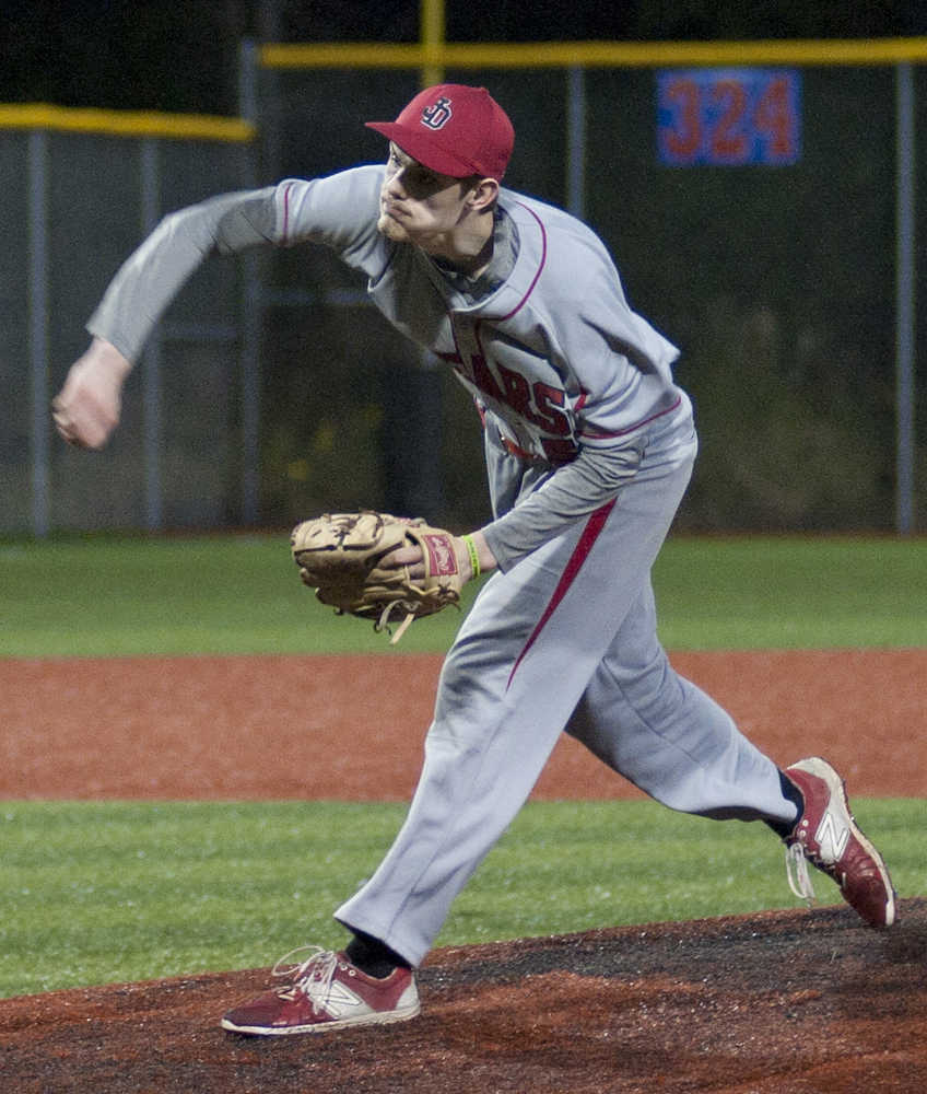 Juneau-Douglas High School's Bryce Swafford pitches against Sitka High School on Friday at Moller Field.