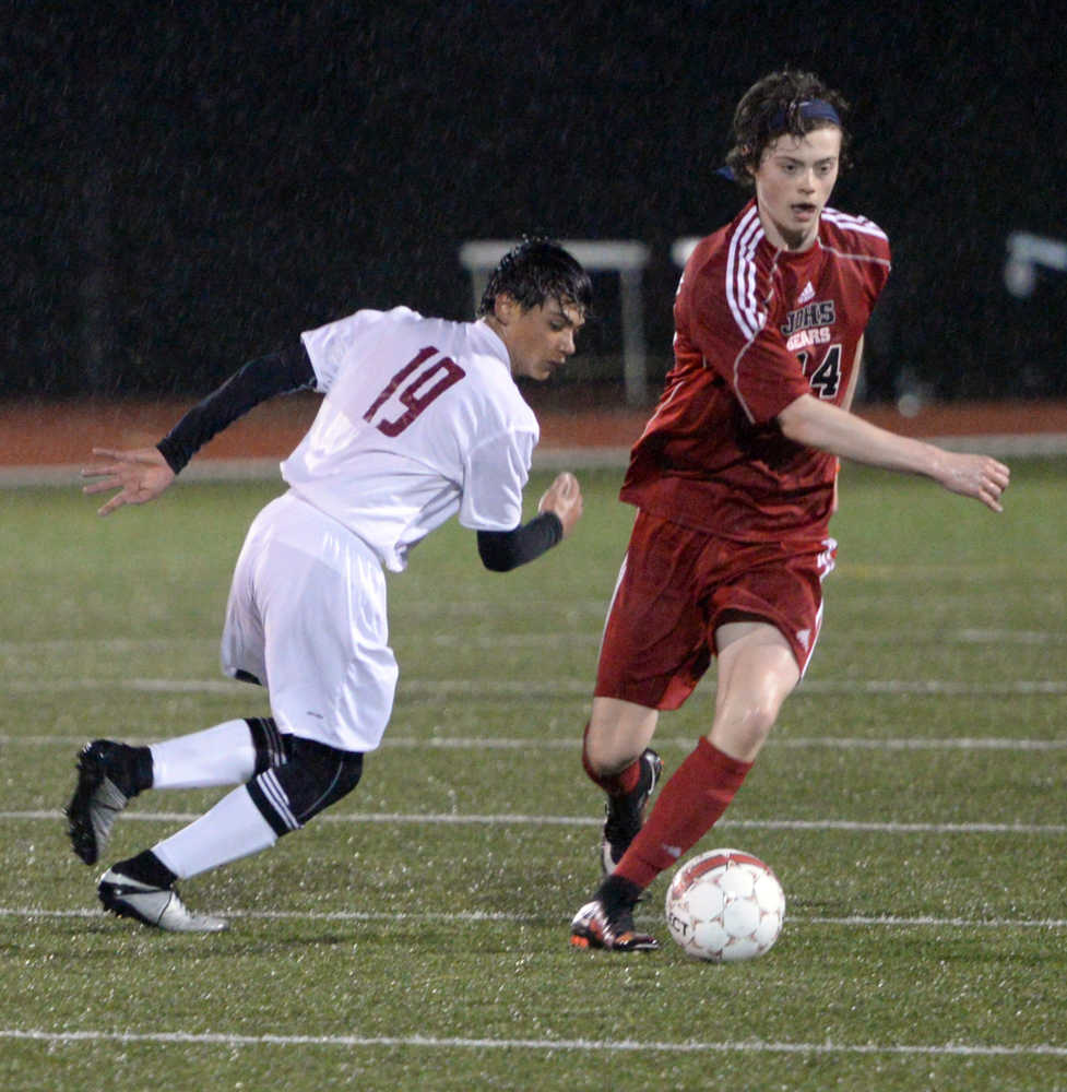 Juneau-Douglas sophomore Brysen Mitchell (24) dribbles past a Ketchikan High School defender Friday during the Crimson Bears' 3-0 win against the Kings at Esther Shea Field in Ketchikan.