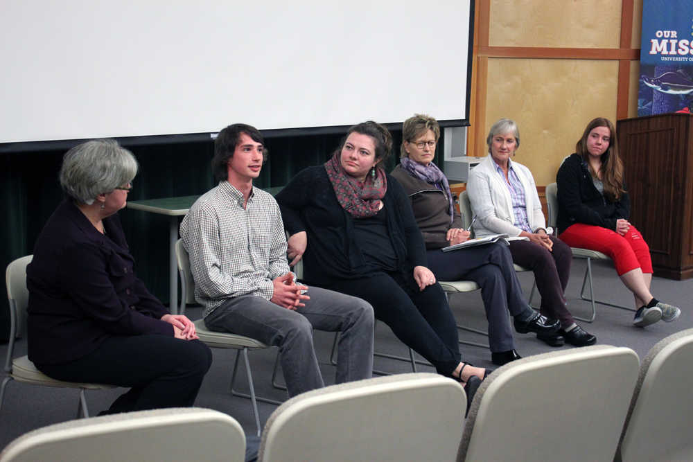 After the April 14 showing of "The Hunting Ground" at University of Alaska Southeast, members of a panel lead an audience discussion. Panel members are UAS Title IX Coordinator Lori Klein; AWARE representatives Ben Horton, Mandy Cole and Swarupa Toth; UAS counselor Margie Thomson and UAS student and AWARE advocate Jasmine Mattson.