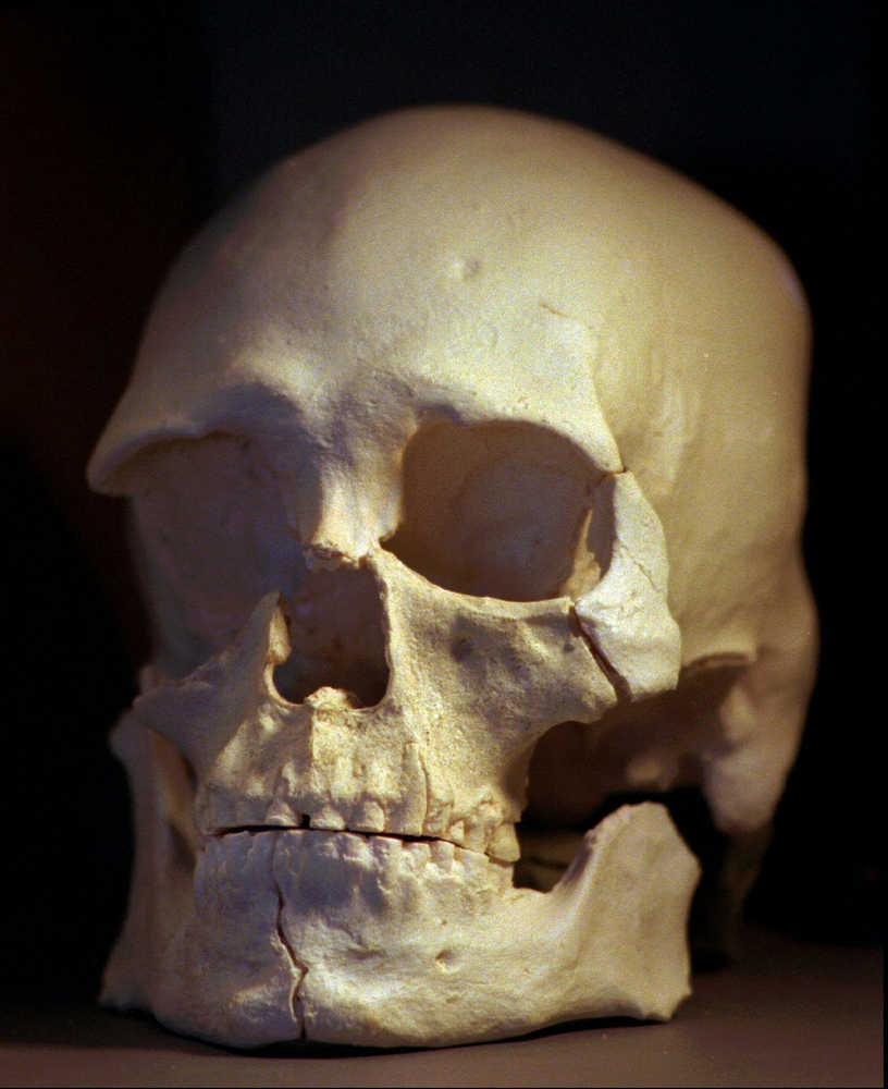 FILE - This July 24,1997 file photo a plastic casting of the skull from the bones known as Kennewick Man, is shown in in Richland, Wash. A bill has been introduced in the U.S. Senate to require the federal government to give the bones of the Kennewick Man back to the Indian tribes from which he descended. The bipartisan bill was introduced Tuesday, April 26, 2016 by Sen. Barbara Boxer and Sen. James Inhofe. (AP Photo/Elaine Thompson,File)