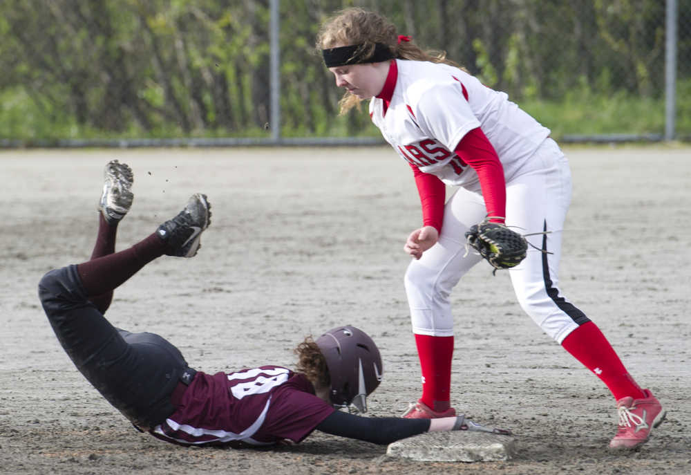 Ketchikan's Kaileigh Krosse, right, is caught off base by Juneau-Douglas' Abby Meiners during their game at Melvin Park on Friday.
