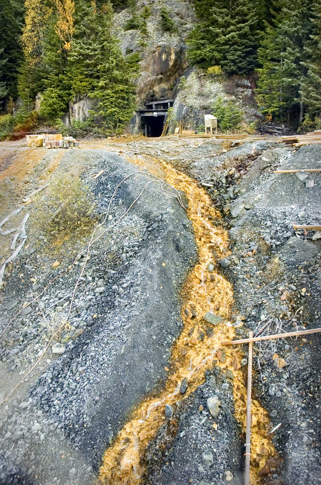 Acid contaminated water runs from the entrance of the Tulsequah Chief Mine in Canada.
